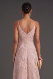 Blush Ruched Jacquard Floral Long Wedding Guest Dress with Slit