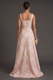 Blush Ruched Jacquard Floral Thick Straps High Low Wedding Guest Dress