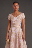 Blush Floral Jacquard Short Summer Wedding Guest Dress