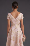 Blush Floral Jacquard Short Summer Wedding Guest Dress