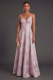 Dusty Lilac Floral A Line Jacquard Long Wedding Guest Dress
