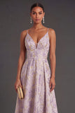 Dusty Lilac Floral A Line Jacquard Long Wedding Guest Dress