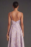 Dusty Lilac Floral A Line Jacquard Long Wedding Guest Dress