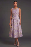A Line Floral Jacquard Dusty Lilac Midi Wedding Guest Dress