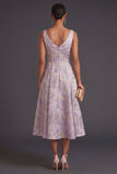 A Line Floral Jacquard Dusty Lilac Midi Wedding Guest Dress