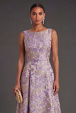 A Line Floral Jacquard Dusty Lilac Midi Wedding Guest Dress