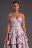 A Line Floral Jacquard Dusty Lilac Corset Short Summer Wedding Guest Dress