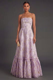 Dusty Lilac Jacquard Floral Strapless Long Wedding Guest Dress