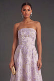 Dusty Lilac Jacquard Floral Strapless Long Wedding Guest Dress