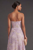Dusty Lilac Jacquard Floral Strapless Long Wedding Guest Dress