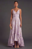Dusty Lilac Jacquard Floral High Low Wedding Guest Dress