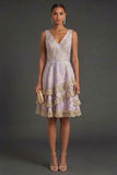 A Line Dusty Lilac Jacquard Floral Tiered Short Summer Wedding Guest Dress