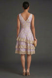 A Line Dusty Lilac Jacquard Floral Tiered Short Summer Wedding Guest Dress