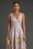 A Line Dusty Lilac Jacquard Floral Tiered Short Summer Wedding Guest Dress