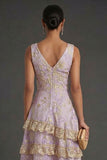 A Line Dusty Lilac Jacquard Floral Tiered Short Summer Wedding Guest Dress