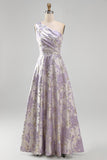Dusty Lilac One Shoulder Ruched Jacquard Floral Long Wedding Guest Dress