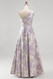 Dusty Lilac One Shoulder Ruched Jacquard Floral Long Wedding Guest Dress