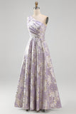 Dusty Lilac One Shoulder Ruched Jacquard Floral Long Wedding Guest Dress