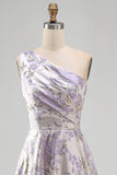 Dusty Lilac One Shoulder Ruched Jacquard Floral Long Wedding Guest Dress