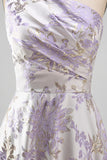 Dusty Lilac One Shoulder Ruched Jacquard Floral Long Wedding Guest Dress