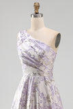 Dusty Lilac One Shoulder Ruched Jacquard Floral Long Wedding Guest Dress