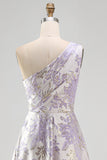 Dusty Lilac One Shoulder Ruched Jacquard Floral Long Wedding Guest Dress
