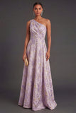 Dusty Lilac One Shoulder Ruched Jacquard Floral Long Wedding Guest Dress