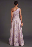 Dusty Lilac One Shoulder Ruched Jacquard Floral Long Wedding Guest Dress