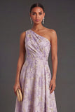 Dusty Lilac One Shoulder Ruched Jacquard Floral Long Wedding Guest Dress