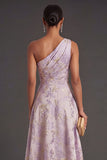 Dusty Lilac One Shoulder Ruched Jacquard Floral Long Wedding Guest Dress