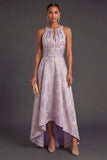 A Line Floral Dusty Lilac Halter Neck High Low Wedding Guest Dress