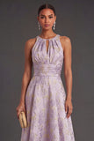 A Line Floral Dusty Lilac Halter Neck High Low Wedding Guest Dress