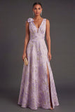 Dusty Lilac Floral Jacquard Long Wedding Guest with Slit