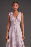Dusty Lilac Floral Jacquard Long Wedding Guest with Slit