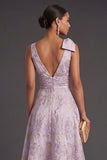 Dusty Lilac Floral Jacquard Long Wedding Guest with Slit
