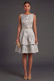 Dusty Blue Floral A Line Jacquard Short Summer Wedding Guest Dress