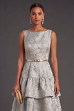 Dusty Blue Floral A Line Jacquard Short Summer Wedding Guest Dress