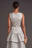 Dusty Blue Floral A Line Jacquard Short Summer Wedding Guest Dress
