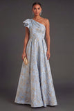 A Line Dusty Blue Floral Jacquard Long Wedding Guest Dress