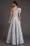 A Line Dusty Blue Floral Jacquard Long Wedding Guest Dress