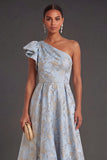 A Line Dusty Blue Floral Jacquard Long Wedding Guest Dress
