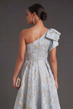A Line Dusty Blue Floral Jacquard Long Wedding Guest Dress