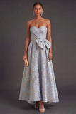 Jacquard Dusty Blue Floral Sweetheart Long Wedding Guest Dress