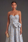 Jacquard Dusty Blue Floral Sweetheart Long Wedding Guest Dress