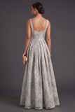 Thick Straps Jacquard Dusty Blue Floral Long Wedding Guest Dress