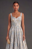 Thick Straps Jacquard Dusty Blue Floral Long Wedding Guest Dress