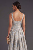 Thick Straps Jacquard Dusty Blue Floral Long Wedding Guest Dress