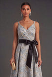 Ruffled Jacquard Dusty Blue Floral Midi Wedding Guest Dress