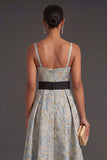 Ruffled Jacquard Dusty Blue Floral Midi Wedding Guest Dress