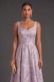 Floral Jacquard Dusty Lilac Thick Straps Midi Wedding Guest Dress